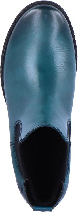 A teal Chelsea boot with a black elastic side panel.