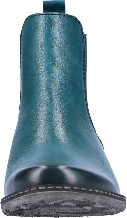 Teal leather ankle boot with black toe cap, visible elastic side panels and heel pull tab.