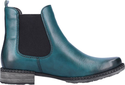 Teal Chelsea boot with black elastic side panel and low gray heel.