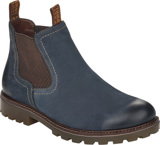 Blue leather ankle boot with brown elastic side panel and dark brown lug sole.
