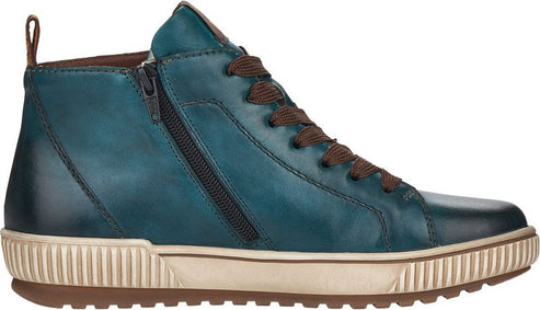 Teal, high-top sneaker with brown laces and a side zipper.