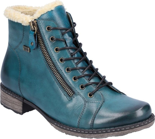 Teal leather ankle boot with black laces, zipper, and faux fur trim.