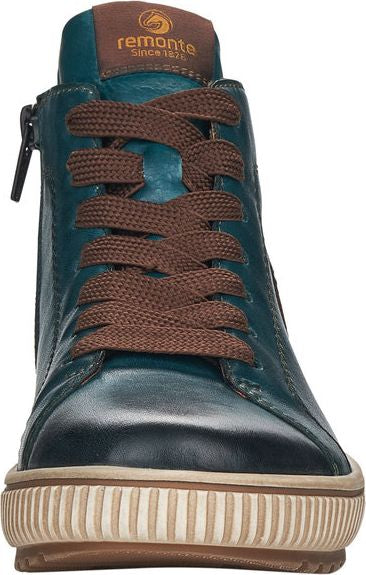 Blue leather high-top sneaker with brown laces and a side zipper.
