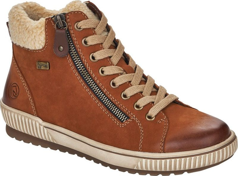 Ankle-high brown casual sneaker with zipper and laces, lined with light fleece.