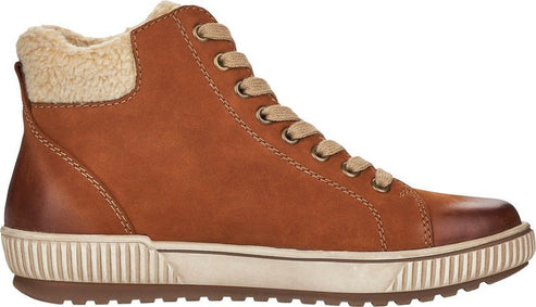 High-top, light brown leather sneaker with shearling lining and a cap toe.