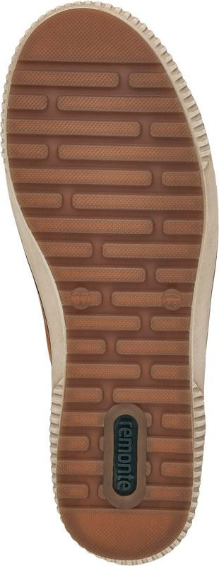 The sole of a shoe, featuring parallel treads separated by horizontal grooves.  There is an oval Remonte logo in the sole.