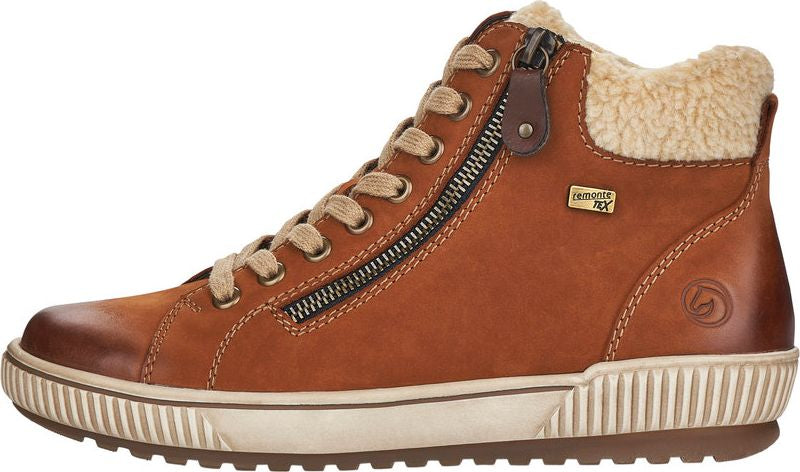 Brown high-top shoe with laces and a zipper closure on the side, featuring a cream-colored sole and faux fur lining around the ankle.
