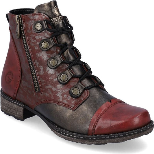 Burgundy and brown ankle boot with laces, side zipper, and small heel.