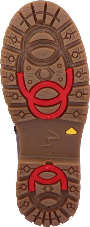 sole of a shoe with a lug pattern and red traction aids