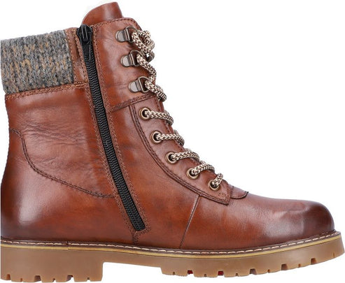 Brown leather lace-up combat boot with a side zipper and knit collar.