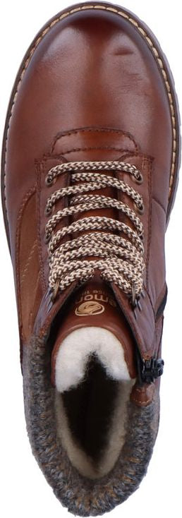 A brown leather boot with brown and white striped laces, with a zipper on the side, and a wool collar.