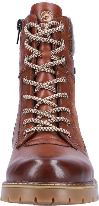 Brown lace-up boot with zipper and lug sole.