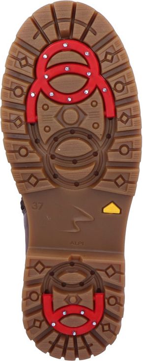 The sole of a boot with red ice grips featuring metal studs.