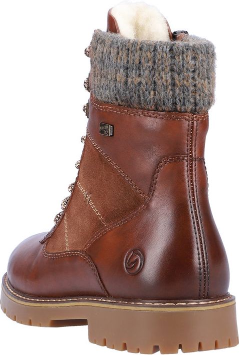 Brown leather lace-up boot with a knitted wool cuff.