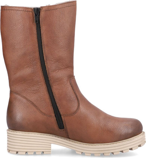 A brown leather mid-calf boot with a side zipper and a thick lug sole.