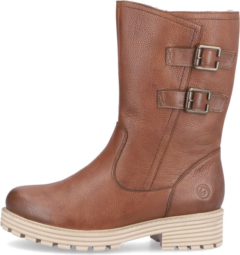 Tan leather mid-calf boot with two buckled straps, side zipper, and a thick beige lug sole.