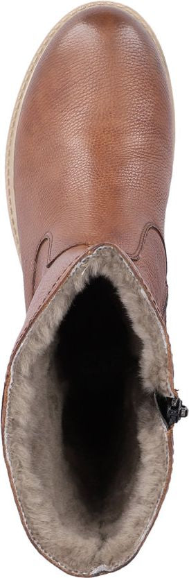 A top-down view of a light brown boot lined with fuzzy material and a zipper.
