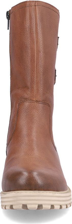 A brown leather mid-calf boot with a lug sole.