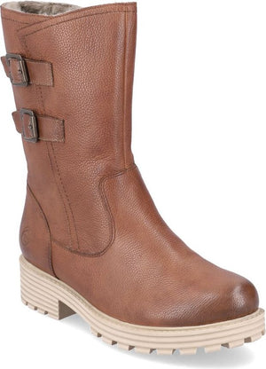 Calf-height brown leather boot with two buckle straps.