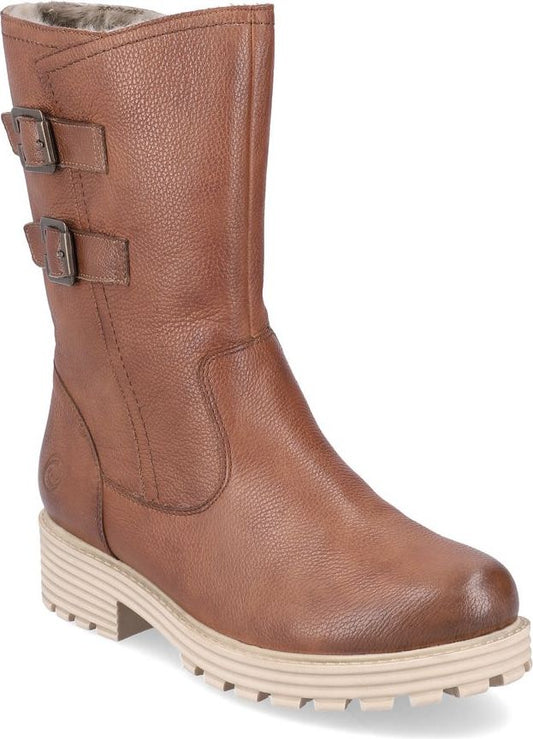Calf-height brown leather boot with two buckle straps.