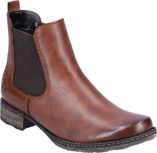 Brown leather Chelsea boot with elastic side panels.