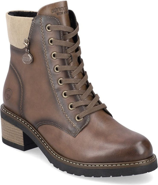 Brown leather lace-up ankle boot with a beige fabric collar and a chunky heel.