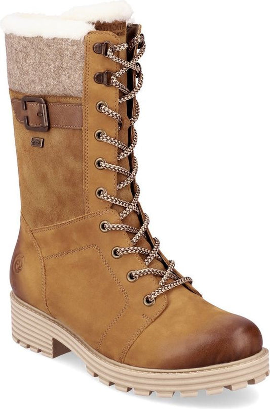 Knee-high boot with a lace-up closure, a side buckle and a neutral-toned sole.