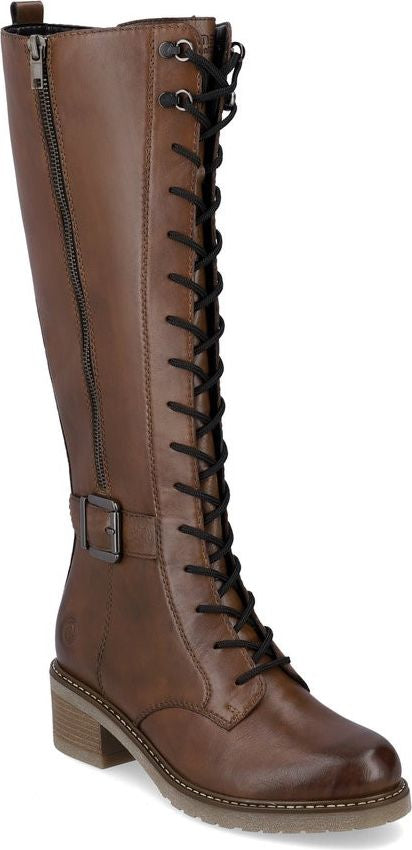 Brown knee-high boot with black laces and a side zipper.
