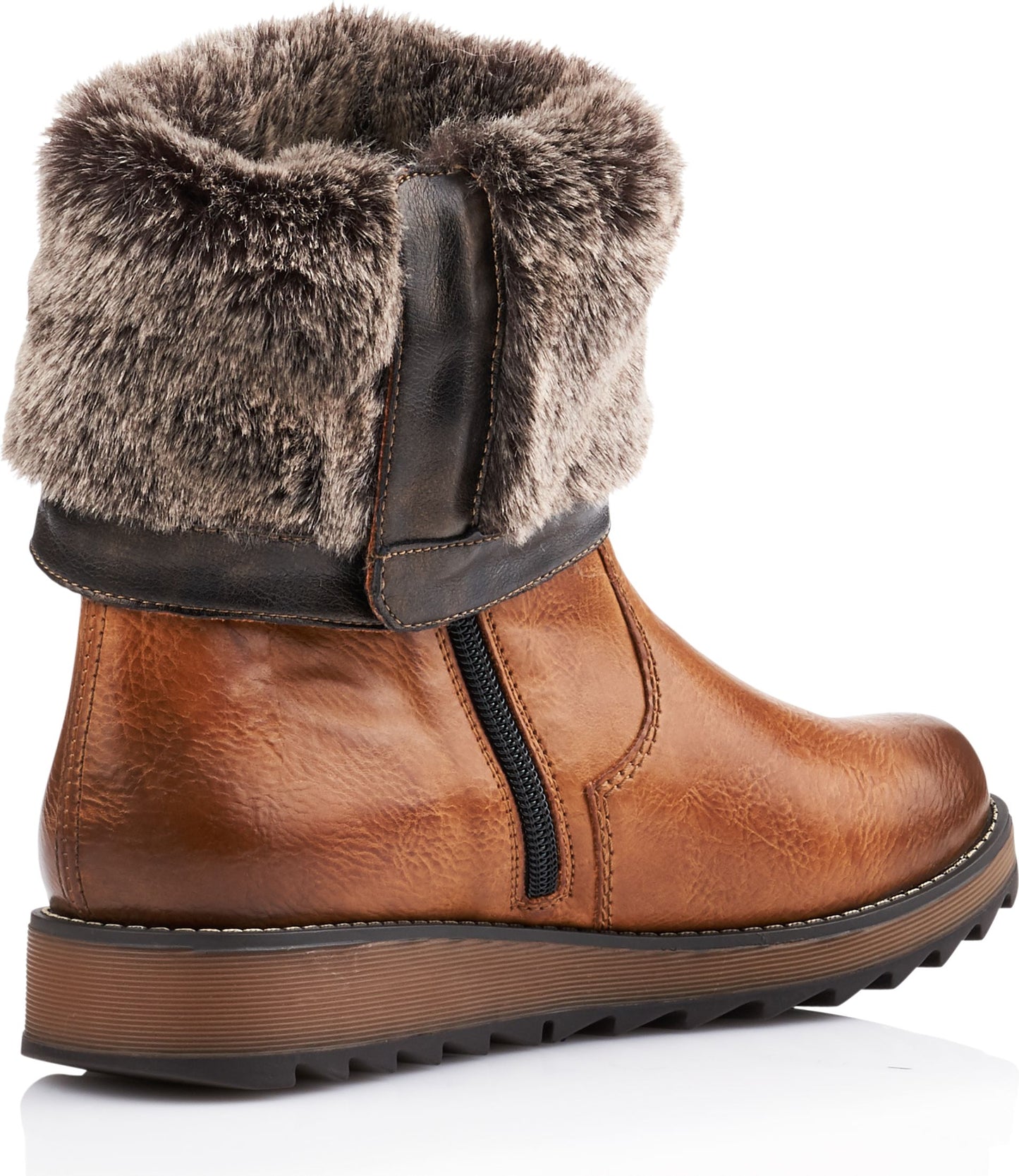 Tan ankle boot with faux fur trim and side zipper.