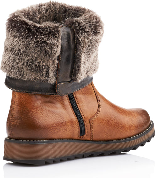 Tan ankle boot with faux fur trim and side zipper.