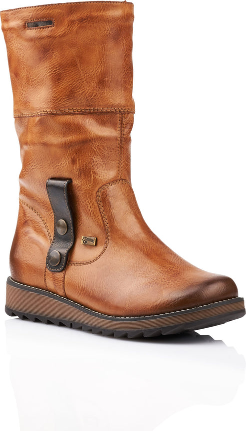 Knee-high tan leather boot with a dark brown sole and a folded-over top.