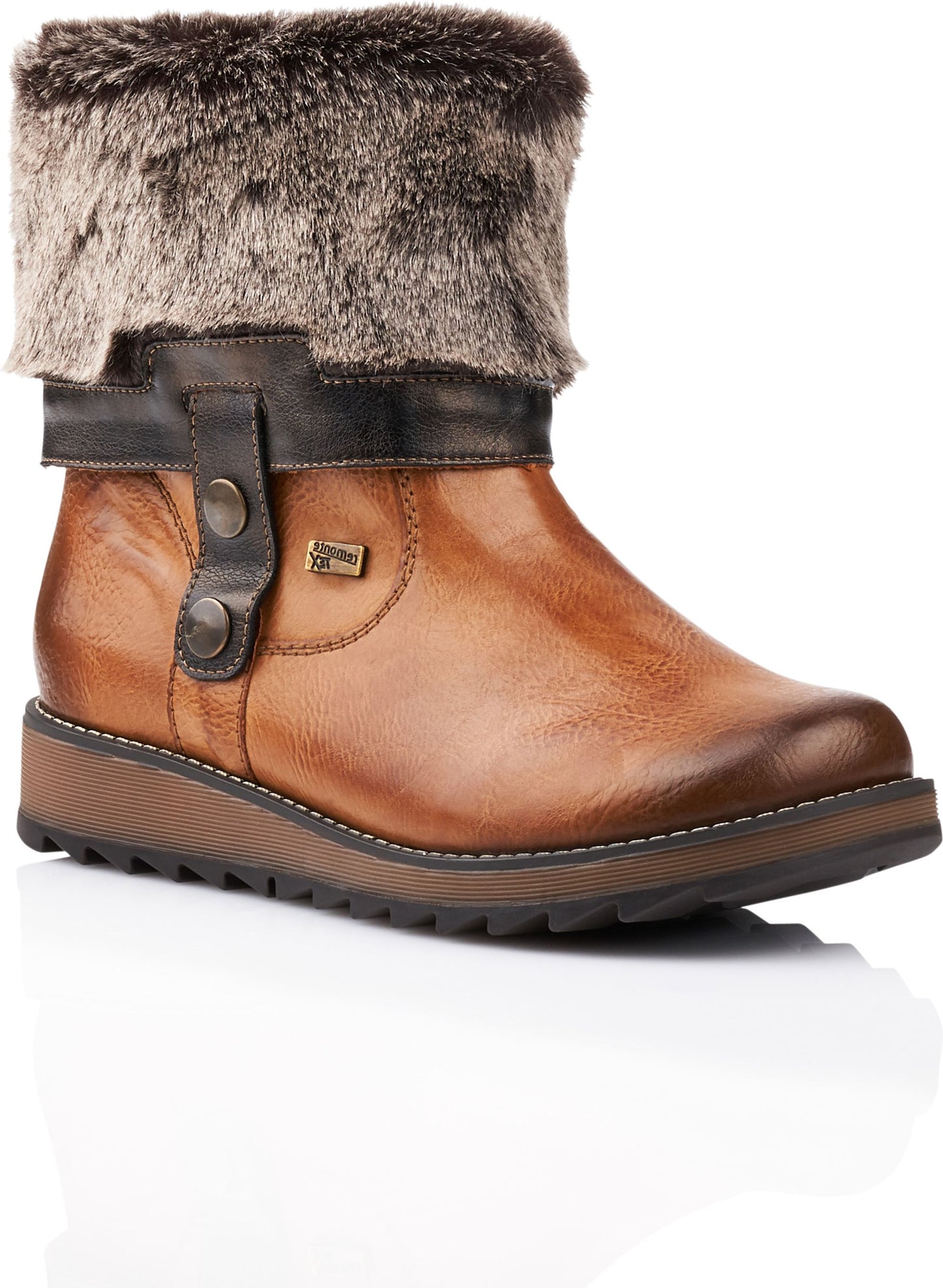 Ankle-high brown leather boot with fur trim and button accent.
