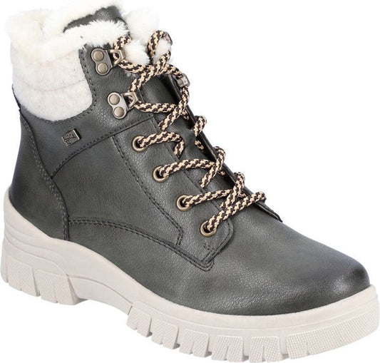 Gray ankle-high boot with off-white lug sole, off-white faux fur trim, and patterned laces