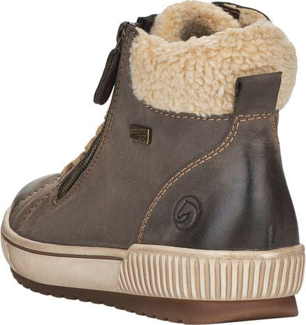 High-top taupe sneaker boot with side zipper, faux fur trim, and platform sole, rear view.