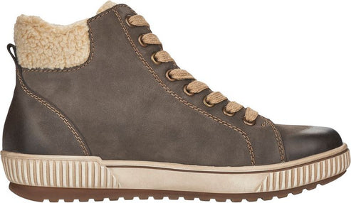 Grey high-top shoe with faux sherpa lining and a brown rubber sole.
