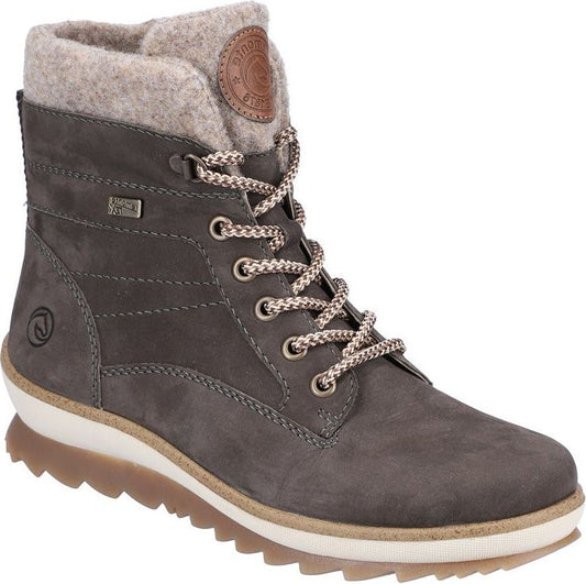 Gray nubuck ankle boot with lace-up closure, felt collar, and lug sole.
