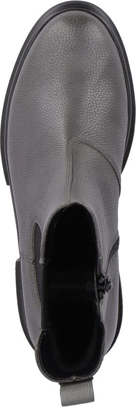 A top-down view of a gray boot with a rounded toe, featuring a side zipper and an elastic panel.