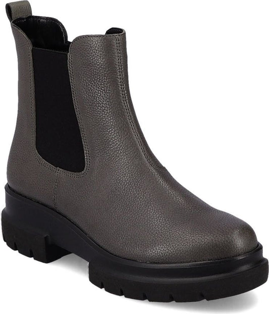 A grey, ankle-height, lug-soled Chelsea boot with black elastic side panels and a black sole.