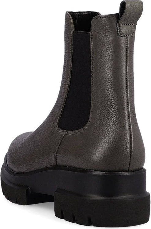 Gray leather chelsea boot with black elastic goring and a thick black lug sole.