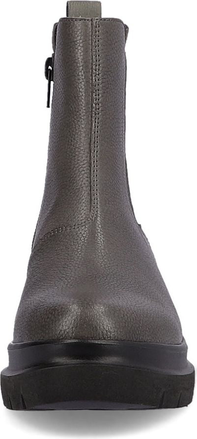 A gray ankle boot with a chunky black sole.