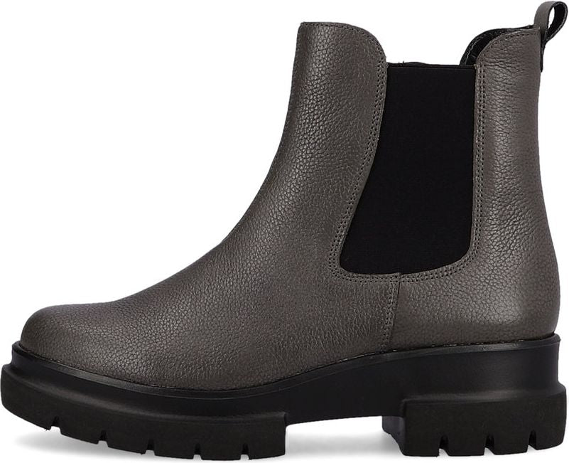 Gray leather Chelsea boot with a black sole and elastic side panels.