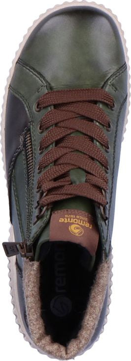 A high-top shoe with a zipper and brown laces.