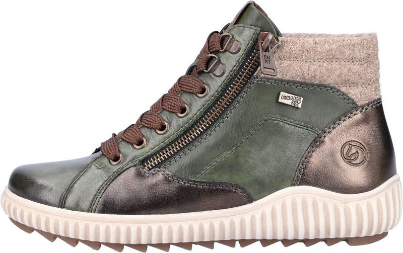 Olive and brown ankle boot with a zipper, laces and logo accent.