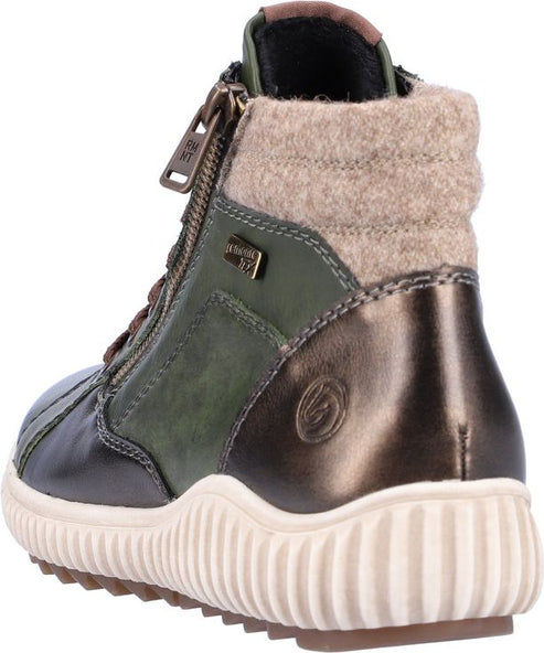 High top casual shoe, olive-green and brown leather, beige ridged sole, zipper.