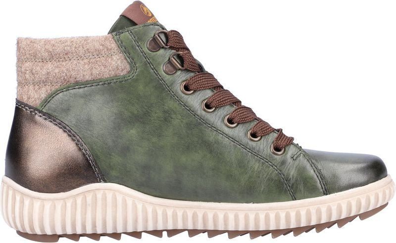 Olive-green high-top shoe with brown laces and a beige-colored collar.