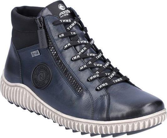 Navy blue ankle boot with a side zipper, text-printed laces, and a gray and white corrugated sole.