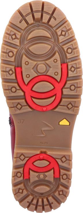A brown shoe sole features a repeating diamond and circle pattern with red ice cleats.