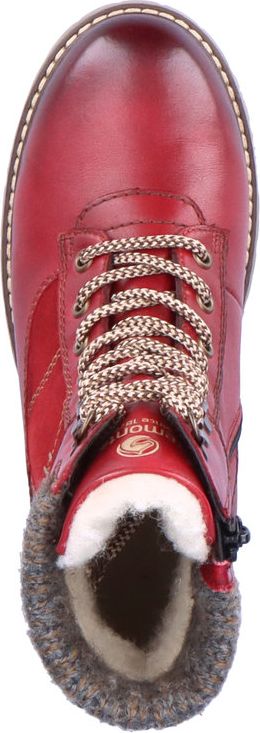 A red boot with a fuzzy collar and patterned laces.