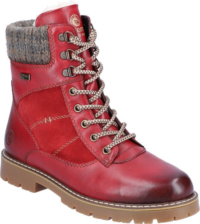Red leather hiking boot with a gray, knit ankle cuff and a brown sole.