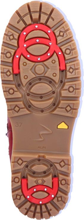 Bottom view of a brown boot featuring a tread pattern with embedded red and white traction devices and 'ALPI' text.